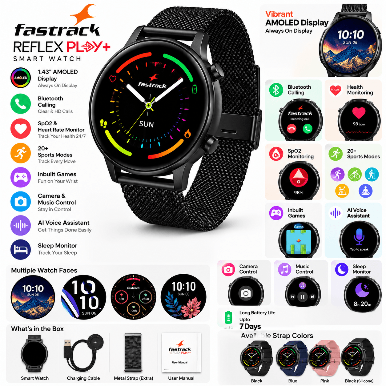 Fastrack Reflex Play+ AMOLED Smartwatch with Bluetooth Calling, Heart Rate & SpO2 Monitoring – Classic Black