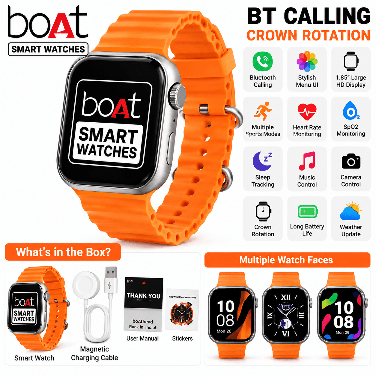 boAt 1.85 Inch HD Smart Watch with Bluetooth Calling, Rotating Crown, Heart Rate & SpO2 Monitoring – Orange