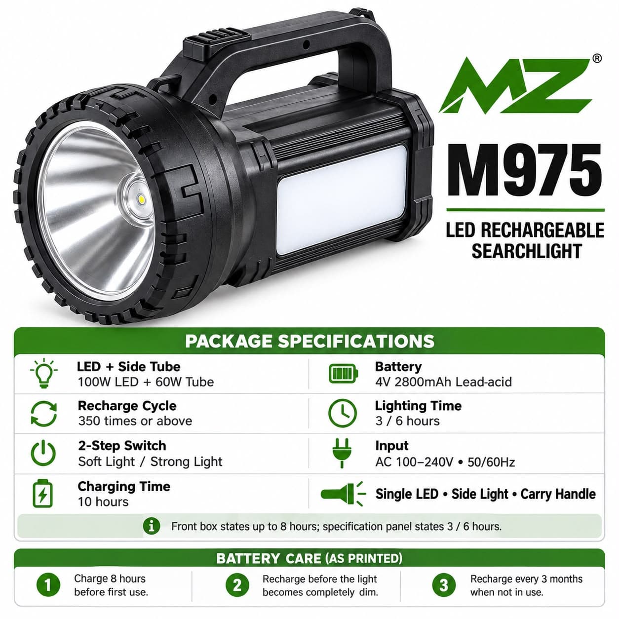 MZ M975 Rechargeable LED Search Light with Side Light | 2800mAh Battery | Dual Lighting | Portable Emergency Torch