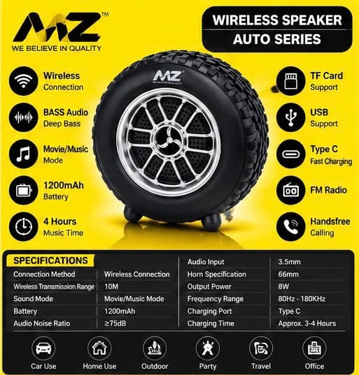 MZ Auto Series Wireless Bluetooth Tyre Speaker | 8W Bass Sound | 1200mAh Battery | Type-C Charging | USB, TF Card & FM Radio