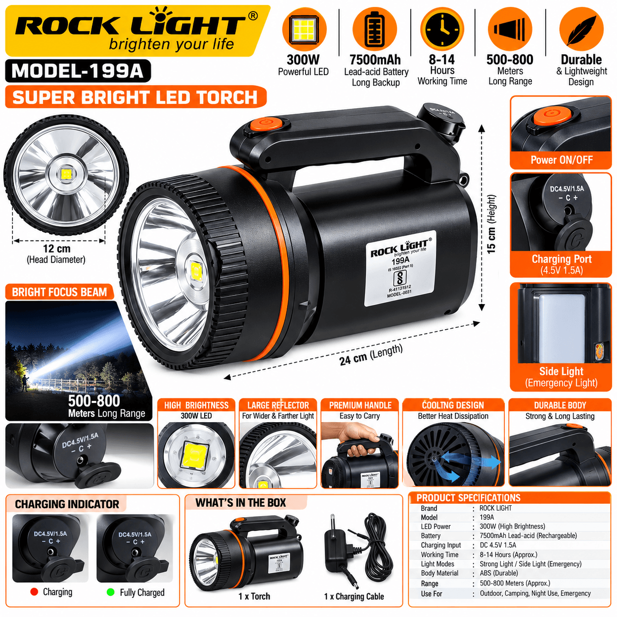 ROCK LIGHT 199A Rechargeable LED Searchlight with Side Light