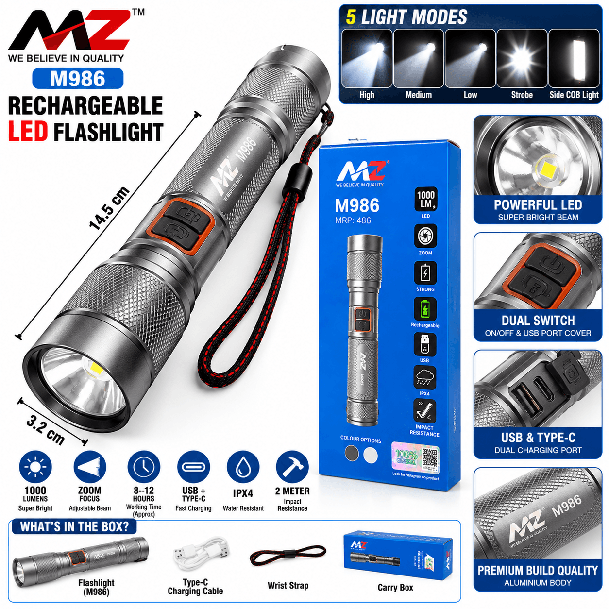 MNZ M986 Multifunctional Rechargeable LED Car Flashlight with USB Charging, Safety Belt Cutter & Emergency Torch – Grey