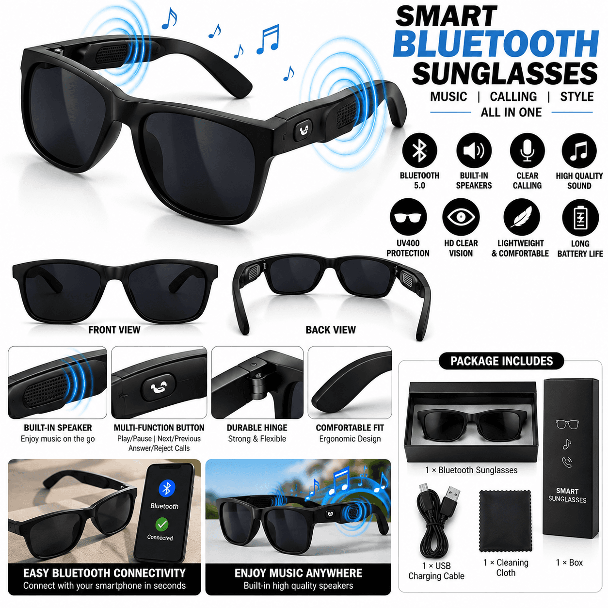 Wireless Bluetooth Smart Sunglasses – Audio Eyewear with Built-in Speakers, Rechargeable Battery & Black Frame