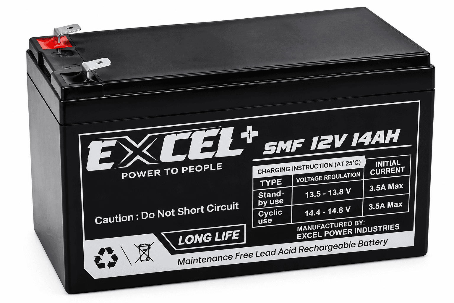 EXCEL+ 12V 14Ah SMF Rechargeable Battery | Maintenance Free Lead Acid Battery for Solar Jhatka Machine & Electric Fence Energizer