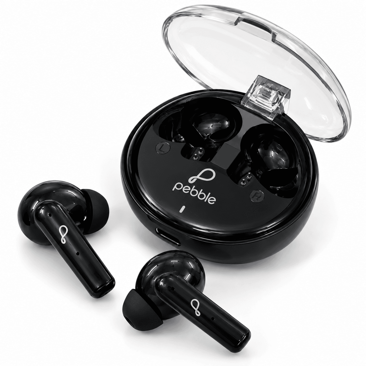 Pebble TruBuds TWS Bluetooth Earbuds – ENC Dual Mic, Wireless Earphones with Transparent Charging Case (Black)