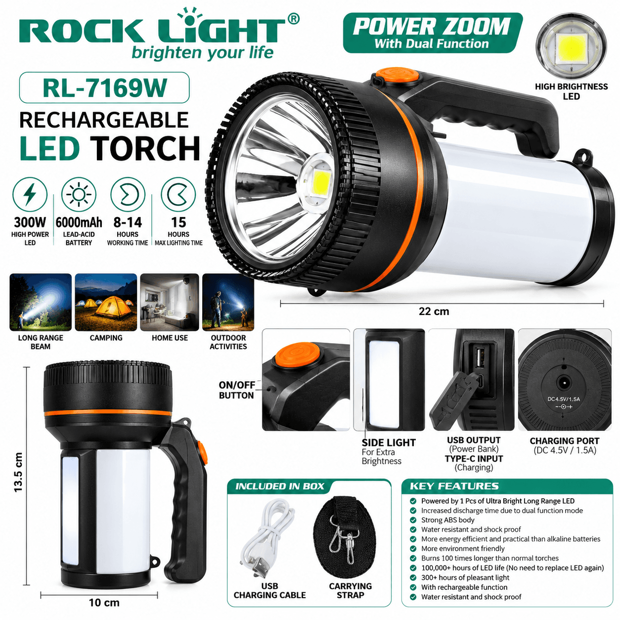 ROCK LIGHT RL-7169W 300W Rechargeable LED Searchlight with Dual Light