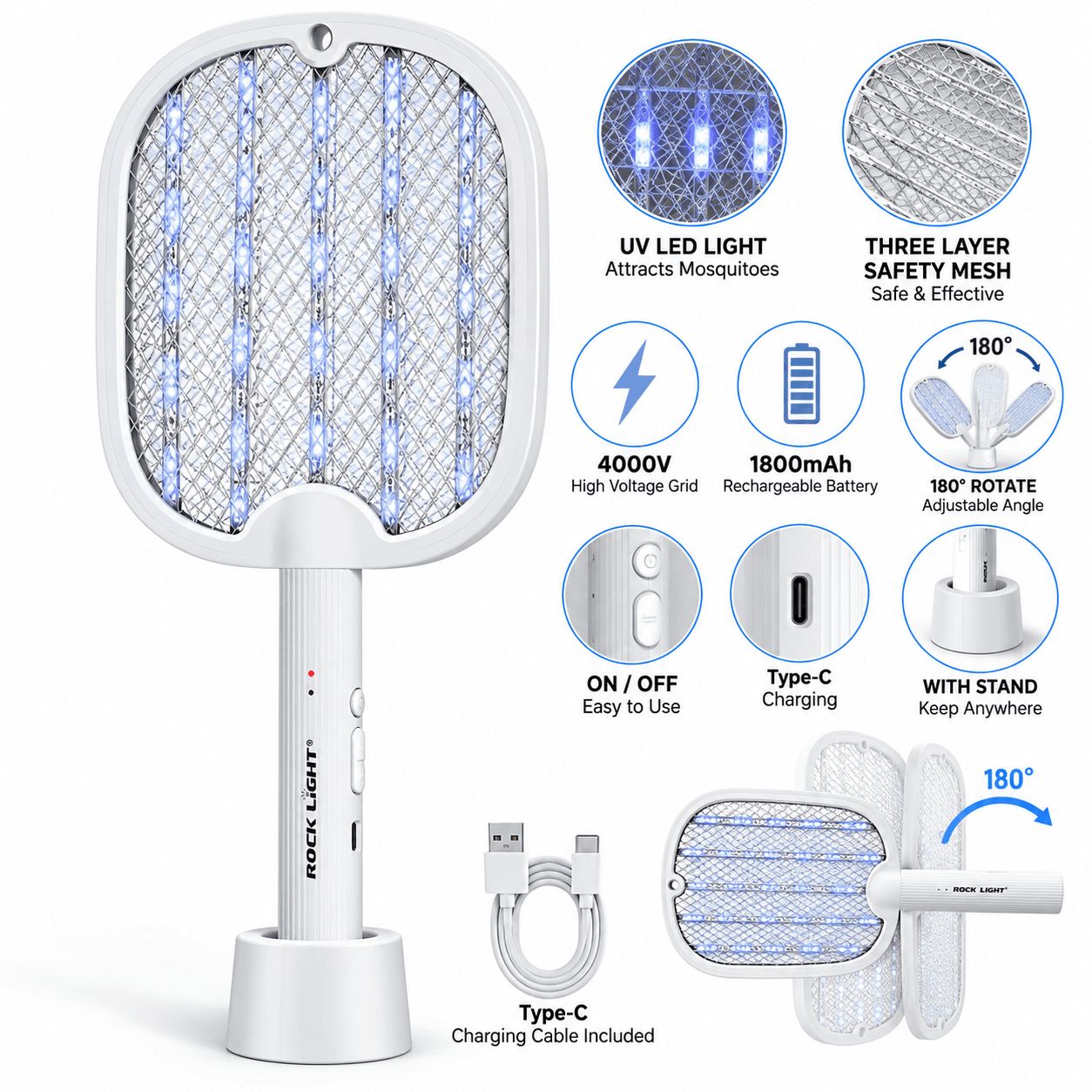 ROCK LIGHT RL-1332 Foldable Rechargeable Electric Mosquito Swatter with Stand & UV Light