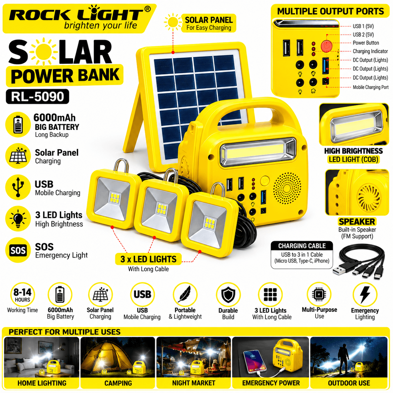 ROCK LIGHT RL-5090 Solar Power Bank Emergency Light Kit with 3 LED Bulbs