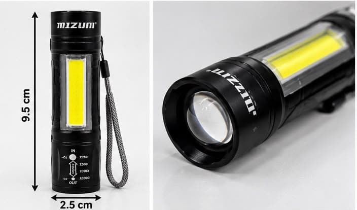 MIZUMI TR12 Rechargeable LED Torch Light | Zoomable Flashlight with COB Side Light | Type-C Charging