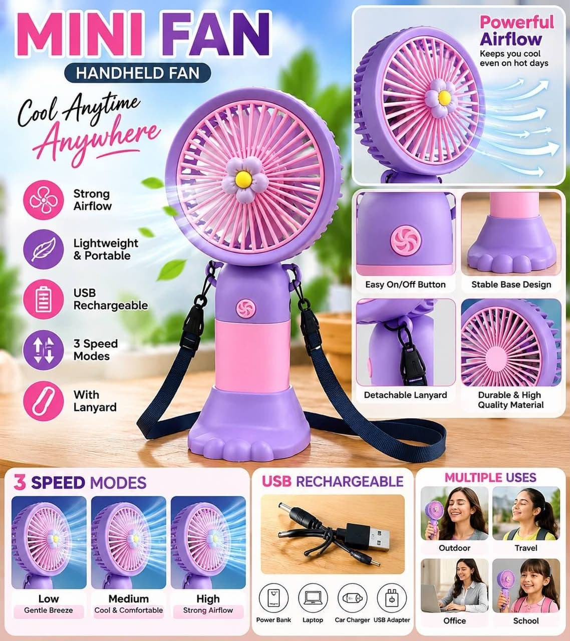 Mini Portable USB Rechargeable Handheld Fan