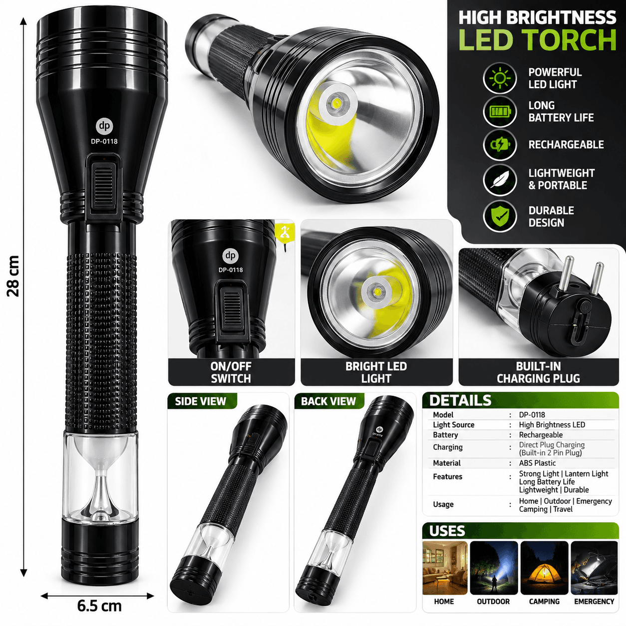 DP LED Light DP-9116 Rechargeable LED Torch with Built-in Plug | Handheld Emergency Flashlight | Black