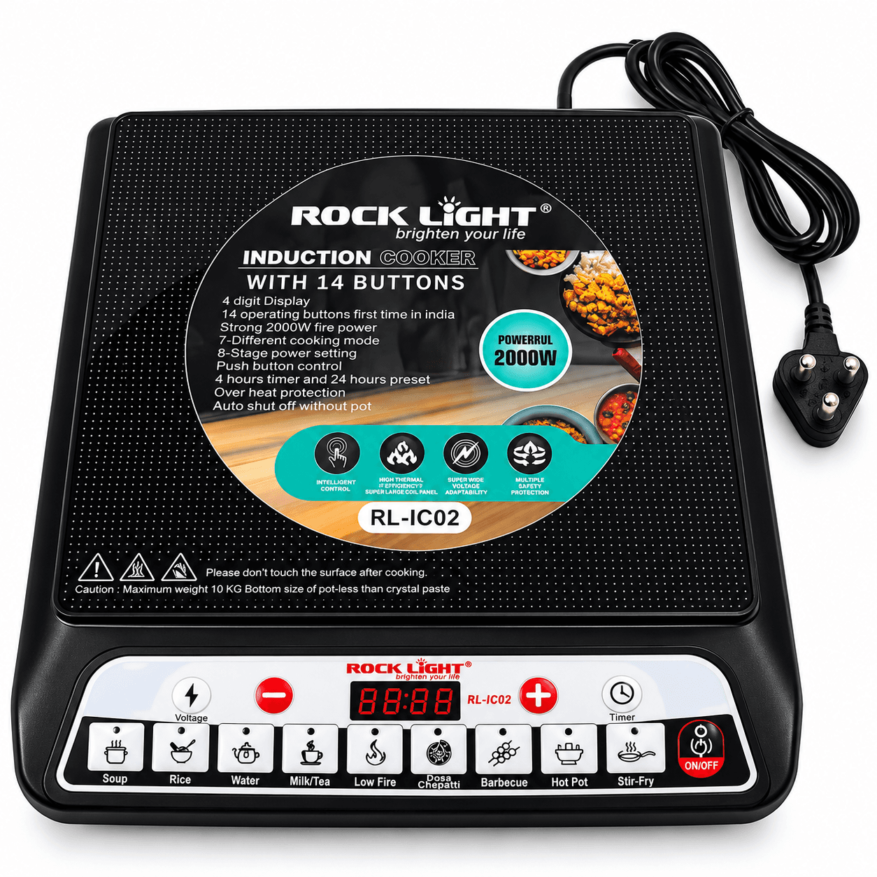 Rock Light 2000W Induction Cooktop | 14 Button Control | 8 Power Levels | RL-IC02