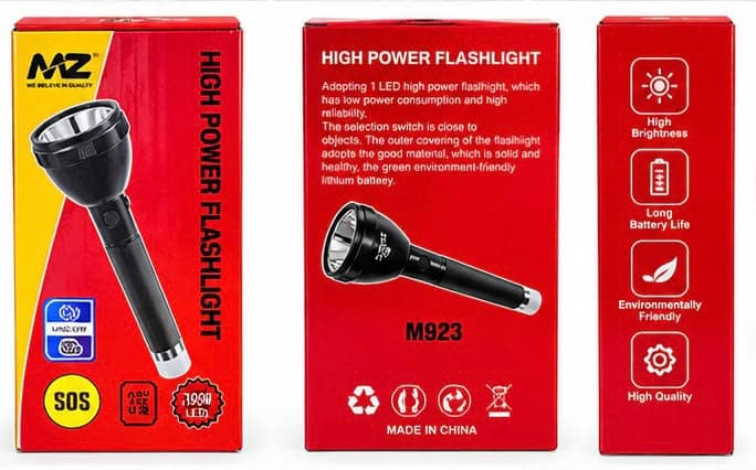 MZ M923 High Power Rechargeable LED Torch Light | USB Charging | Long Range Flashlight | Black
