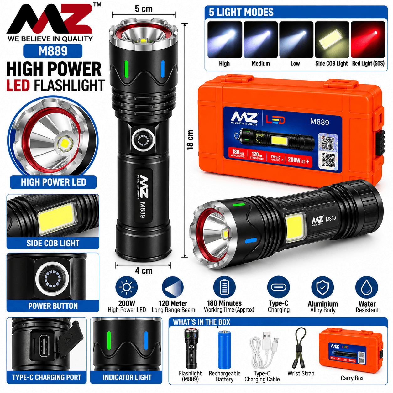 MNZ M989 Rechargeable LED Torch Light | Portable Handheld Flashlight with Protective Carry Case – Black
