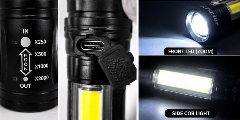 MIZUMI TR12 Rechargeable LED Torch Light | Zoomable Flashlight with COB Side Light | Type-C Charging