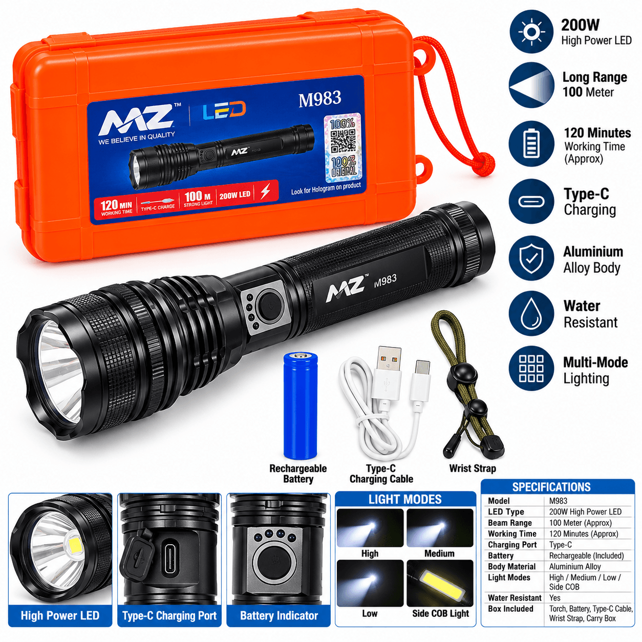 MNZ M983 Rechargeable LED Flashlight Torch with USB-C Charging & Carry Case