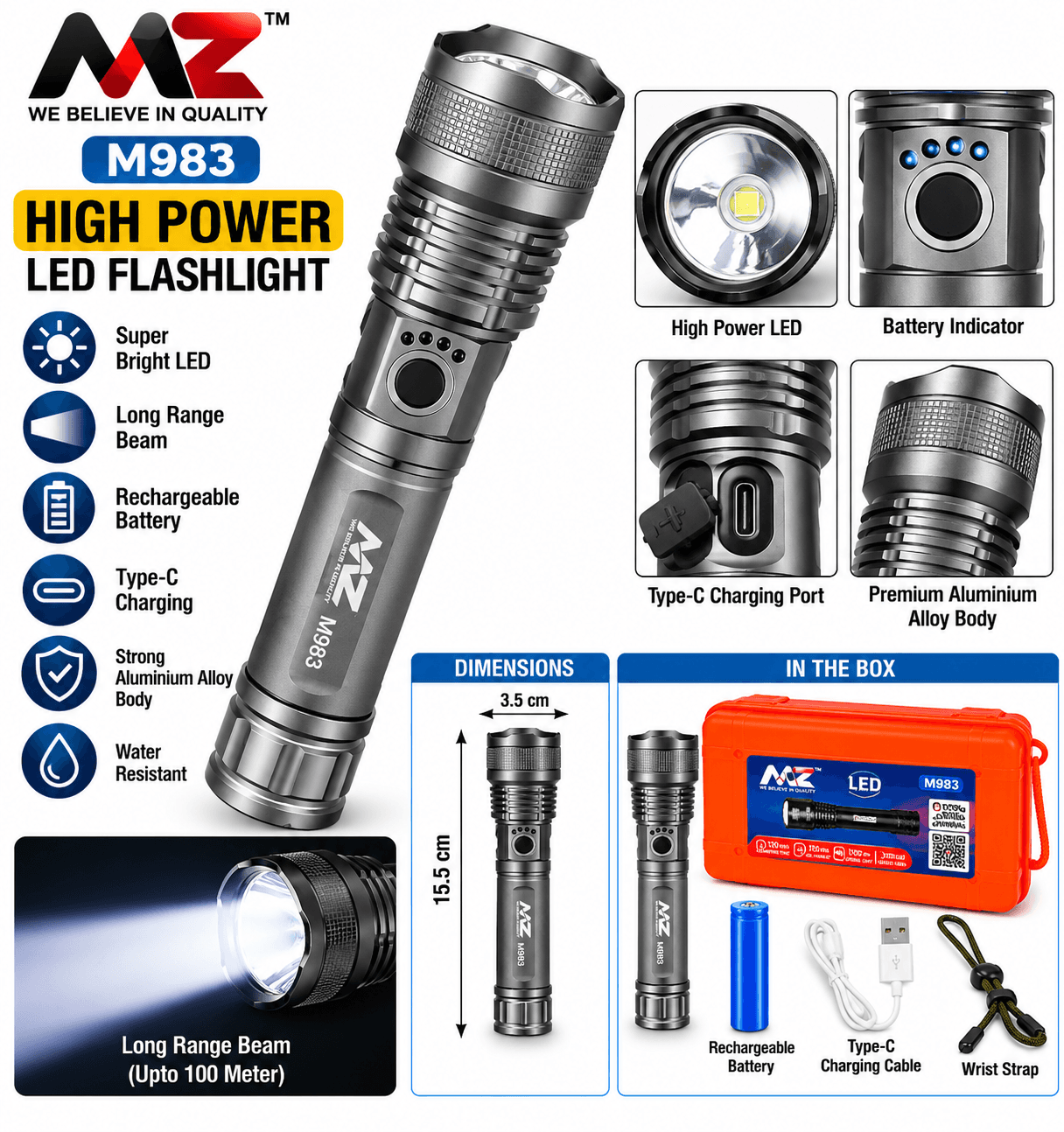 MNZ M983 Rechargeable LED Flashlight Torch with USB-C Charging & Carry Case