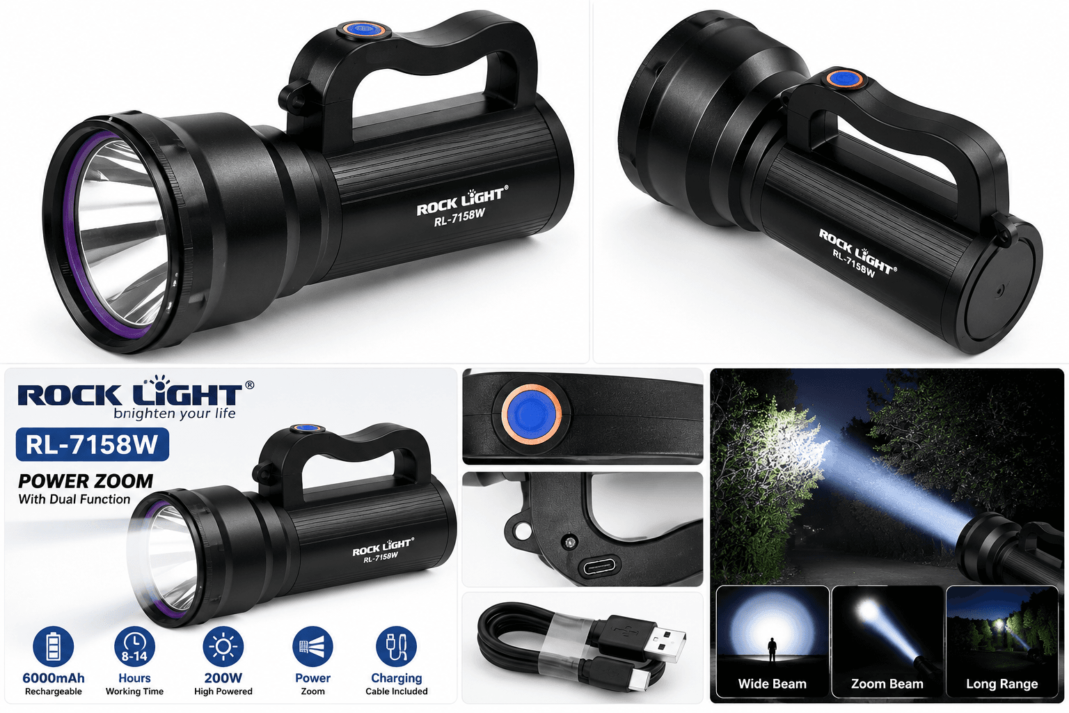 ROCK LIGHT RL-7158W Rechargeable LED Searchlight Torch | 6000mAh Battery | Power Zoom | Black