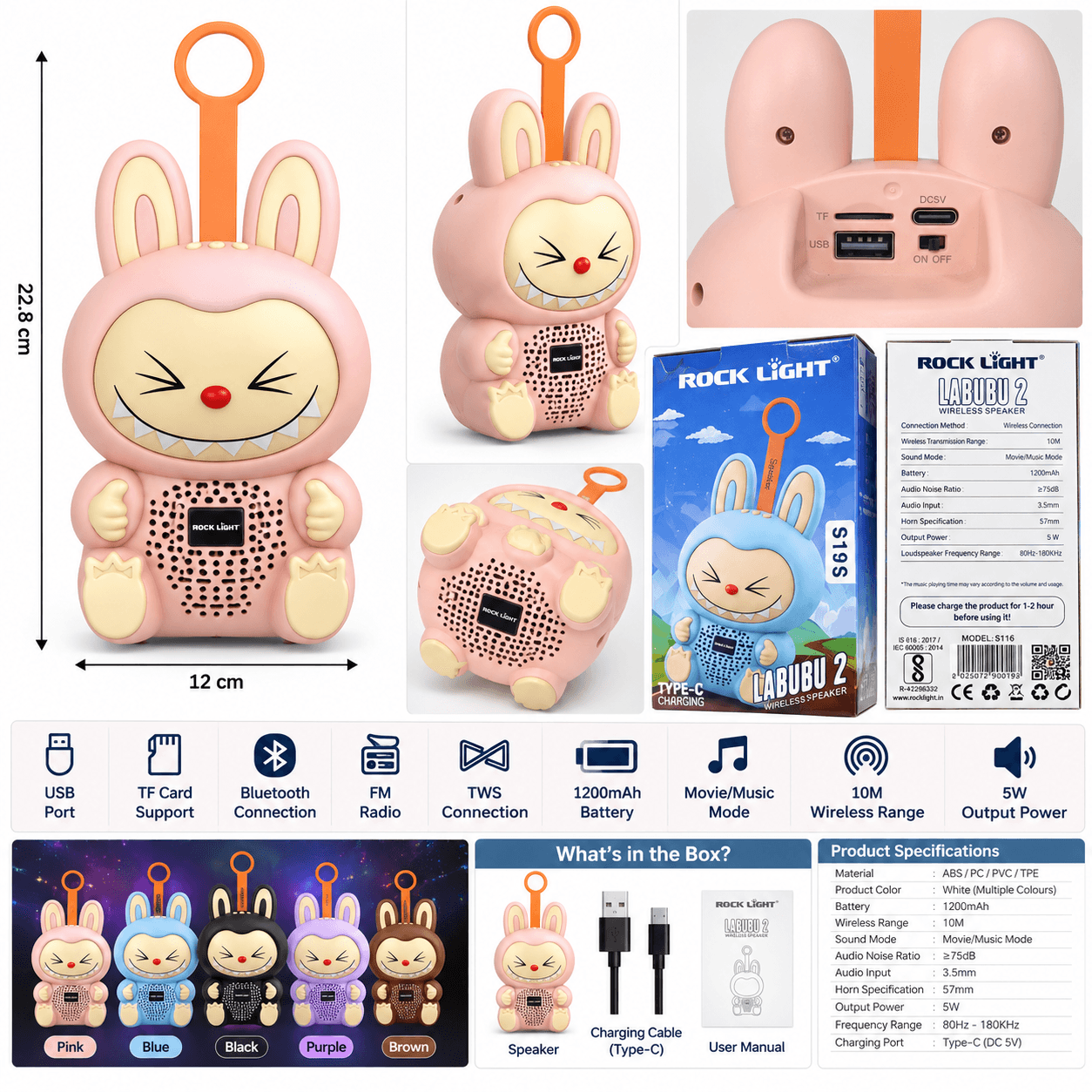 ROCK LIGHT LABUBU 2 Wireless Bluetooth Speaker – Pink Bunny Design, 5W, Rechargeable
