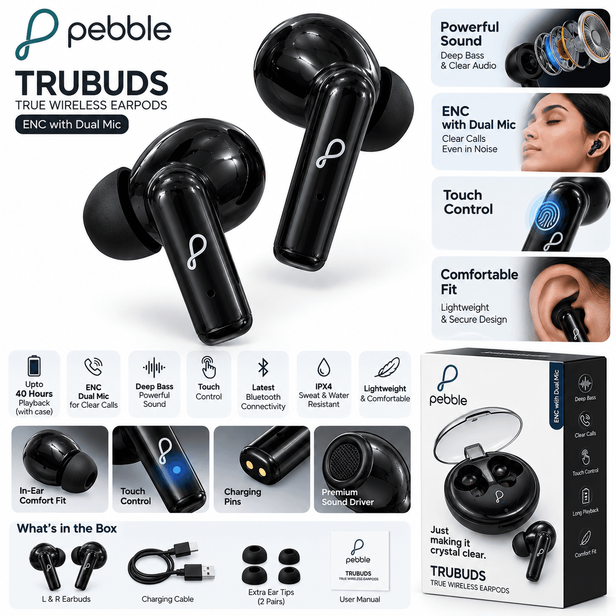 Pebble TruBuds TWS Bluetooth Earbuds – ENC Dual Mic, Wireless Earphones with Transparent Charging Case (Black)