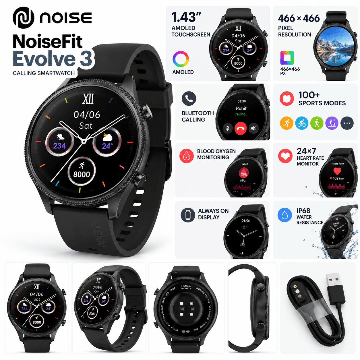 NoiseFit Evolve 3 Smartwatch – 1.43" AMOLED Display, Bluetooth Calling, 46mm Dial, IP68 – Carbon Black